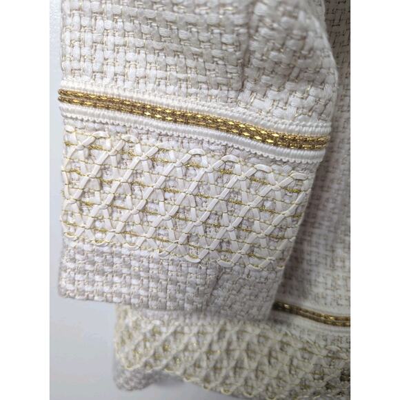 Chico's Textured Embellished Trim Cream Gold Jacket Size 2 (L) Lined Cruise - Picture 10 of 11